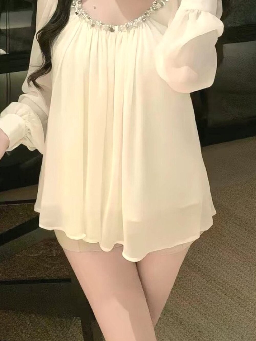 Cream Pearl Beaded Neckline Chiffon Blouse Size S